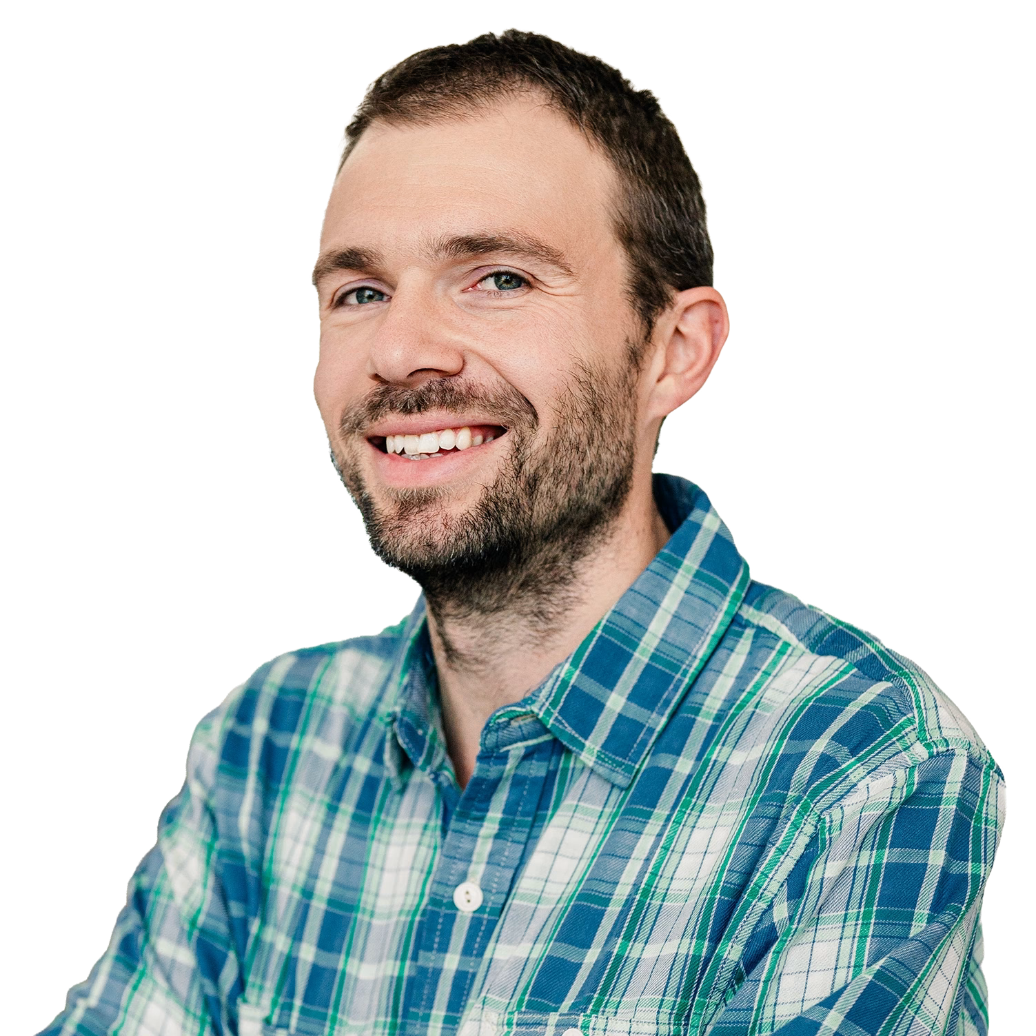 headshot of a white man with short dark hair and a beard